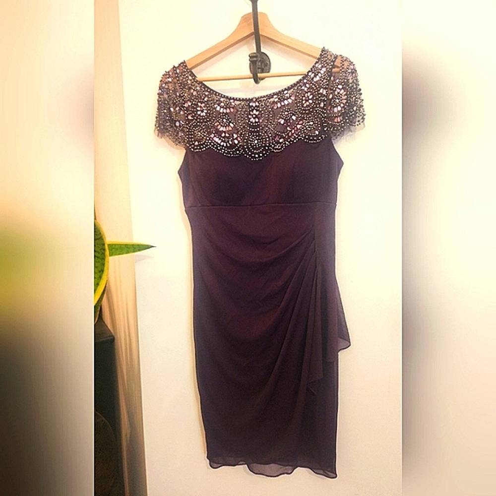 Xscape Plum Beaded Flounced Cocktail Dress